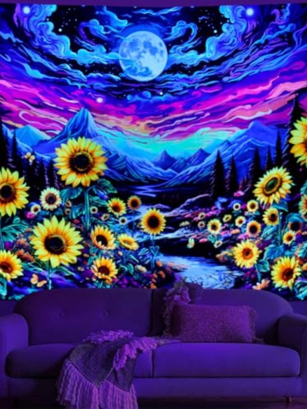 BRAND NEW Blacklight Moon Sunflower Tapestry Starry Night 59.1L x 51.2W
